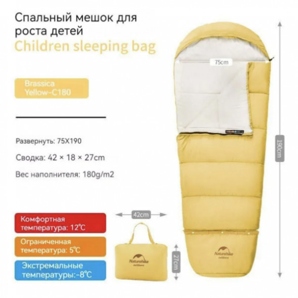 Спальный мешок Naturehike C180 (190x75см), желтый в Нальчике